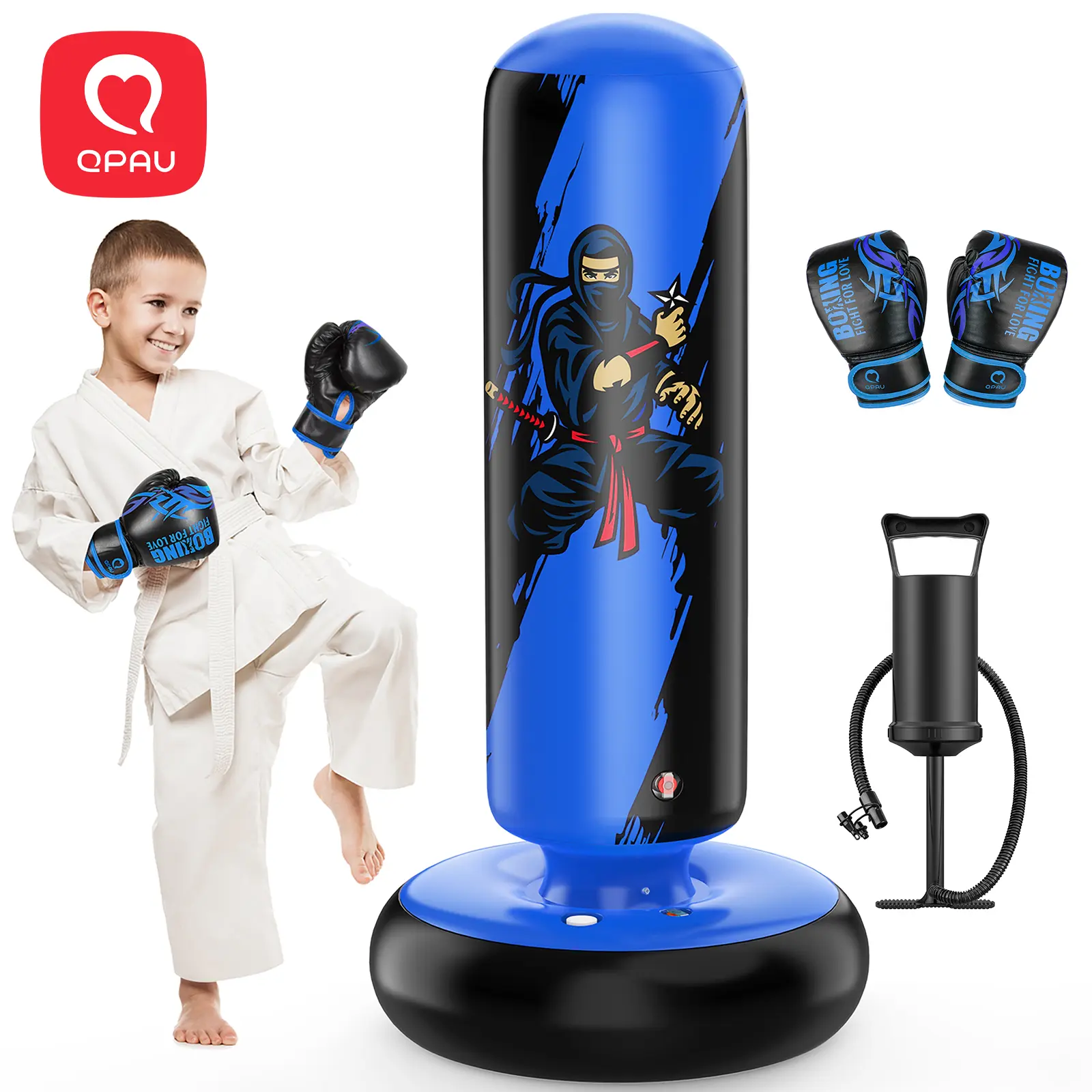QPAU 66 Inch Punching Bag for Kids 6+ with Gloves and Pump, Premium PVC Inflatable Rebound Boxing Bag Set Stable Stand for Karate Taekwondo MMA Training Exercise Fitness Strength Fun for 6-12 Kids homeessentials, back to school
