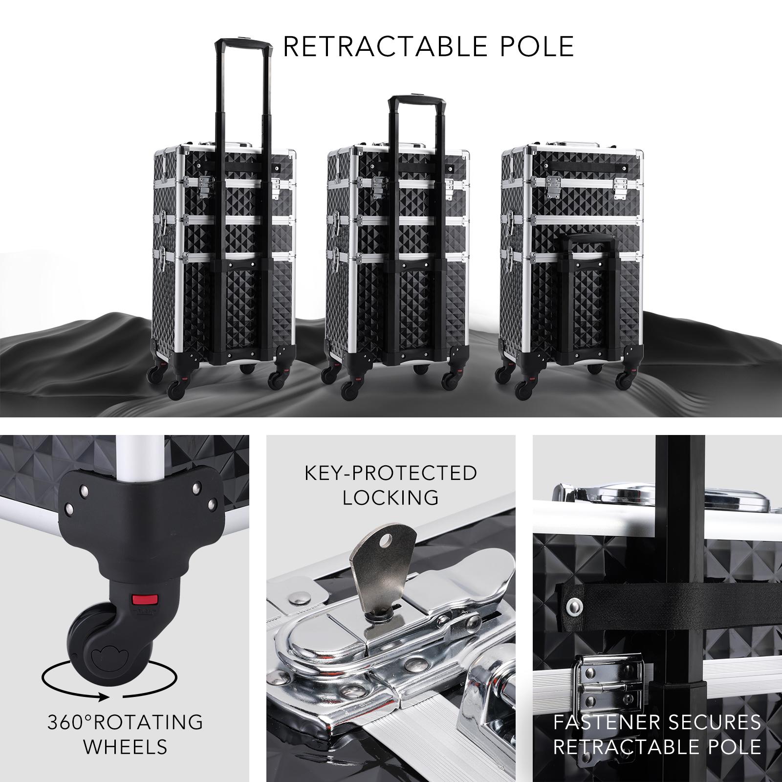 3 in 1 Rolling Makeup Train Case Large Cosmetic Trolley Salon Barber Case for Make Up Hairstylists Nail Tech Aluminum Makeup Trolley Case