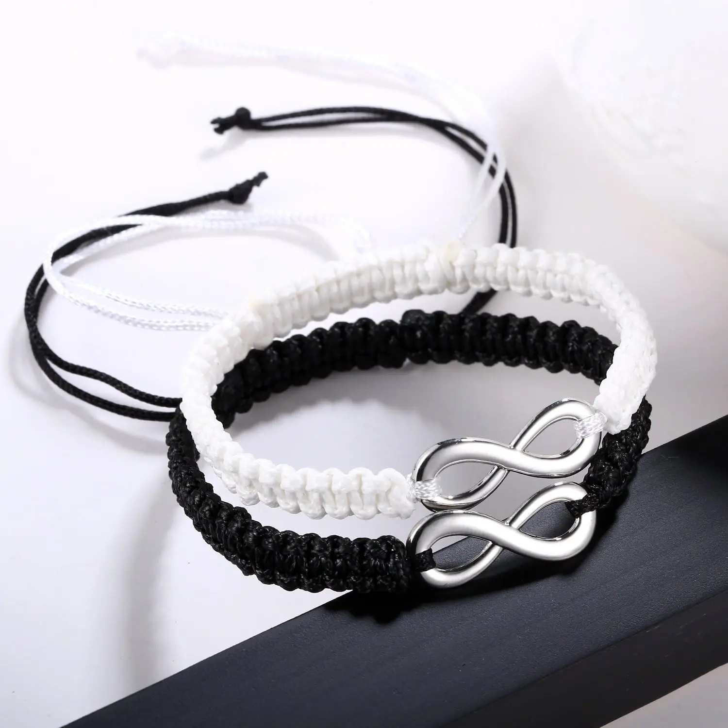 Unisex 2PC Handmade Stainless Steel 8-Infinity Couple Bracelet Set, Braided Leather-Nylon Rope, Adjustable Length 7-9 in Wrist Chain, 2026 Valentine's Day Gift, Casual Stackable Fashion Accessory