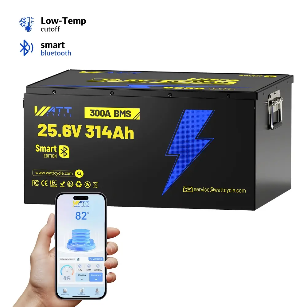 Wattcycle 24V 314Ah LiFePO4 Energy Storage Battery - Single Unit, Built-in Bluetooth 5.0 & 300A BMS Smart Edition, ABS+PC, Durable Compact for Home Energy RV Systems