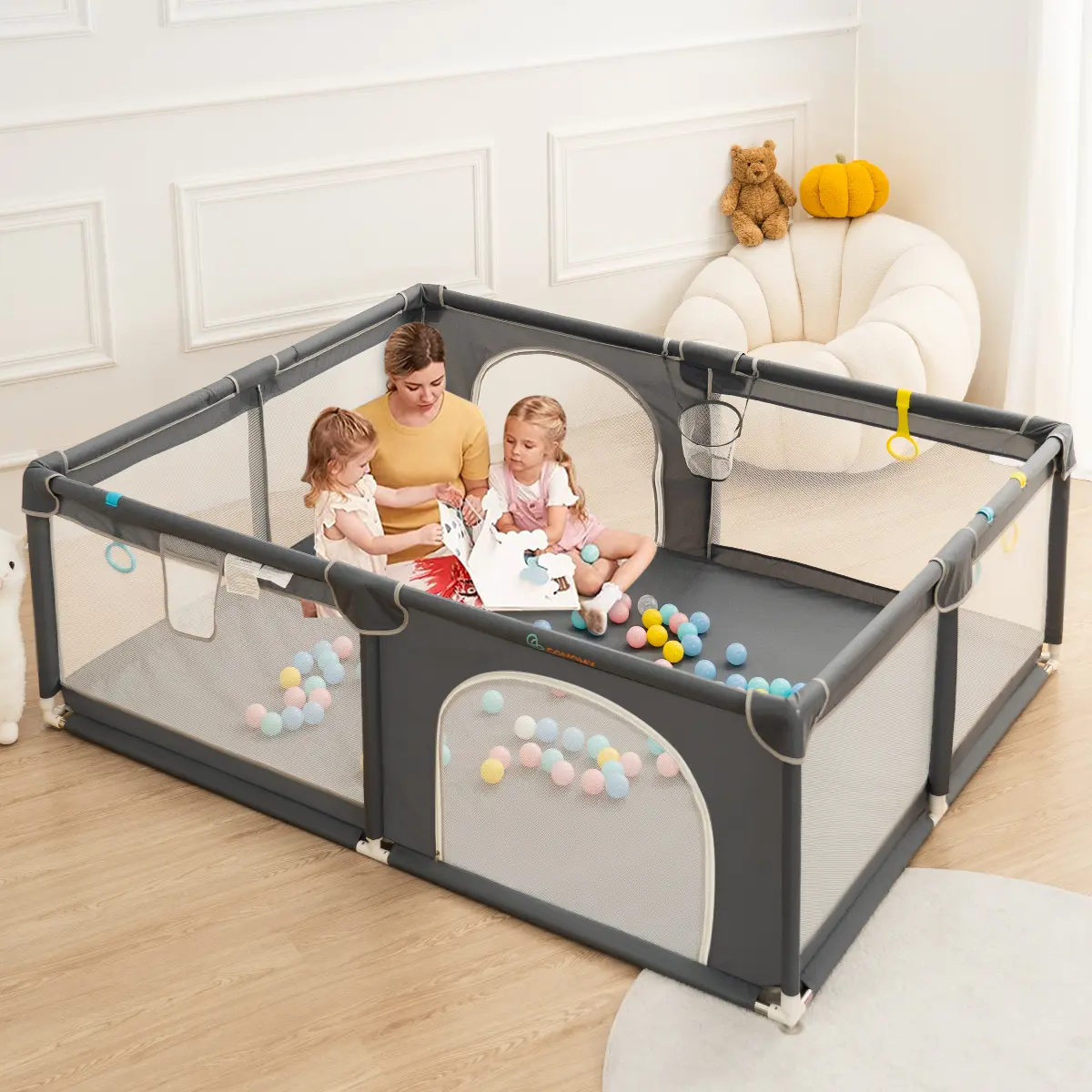 CAVEEN Baby Playpen, 63" x 63" x 27" Extra Large Playard, Portable Soft Mesh Sturdy Pipe Ample Space for abies and Toddler, Safe and Non-Slip Baby Fence, Full Mesh Design, Indoor & Outdoor Kids Activity Center, Dark Grey