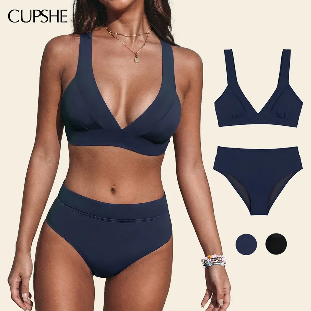 Cupshe Women's Swimwear, Solid V Neck Longline Bralette High Waisted 2-Piece Bathing Suits with Removable Cups, Beachwear, Beach Wear, Two Piece Set #tiktokshopbacktoschool