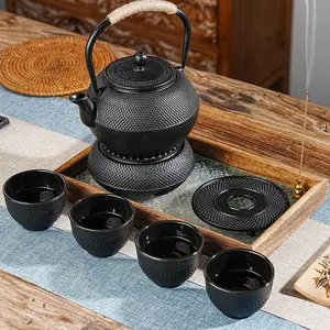 Sungmor Japanese Cast Iron Tea Set - Black 42 oz Teapot/4pcs 5 oz Teacups/Teapot Warmer/Teapot Trivet - Textured Anti-Slip Base for Table and Counter Protection