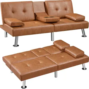 Costoffs 3-in-1 Futon Sofa Bed  Faux Leather  3 Recline Positions Drop-Down Cup Holder Quick Assembly