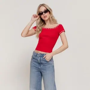 Red Off-Shoulder Crop Top with Embroidered Sleeves for Women's Fashion