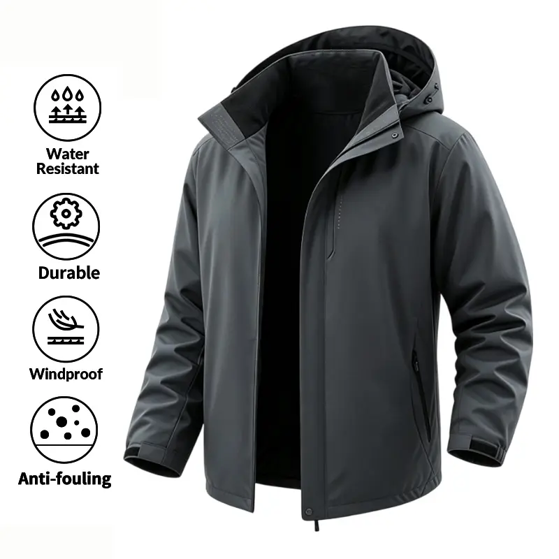 Fleece-lined windproof, water-resistant jacket | Durable, dirt-resistant hooded softshell coat for hiking and everyday wear — fleece-lined, windproof, durable, dirt-resistant hooded outdoor softshell coat for hiking, casual wear, and work Menswear Tops