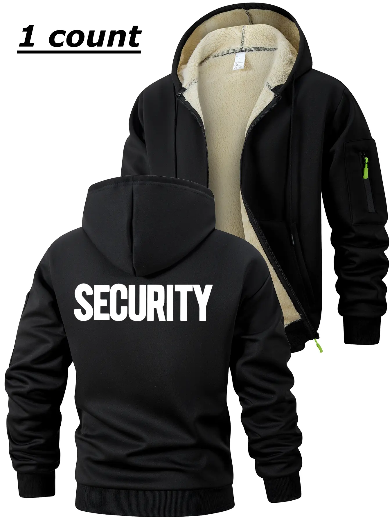 Security Letter Print Graphics Sherpa Fleece Lined Jacket for Men, Heavyweight Streetwear Sweatshirts, Fall Winter Warm Outwear, Casual Fitted Cozy Hooded Long Sleeves Hoodie Sweatshirt Coat, Zipper Pocket Sleeve