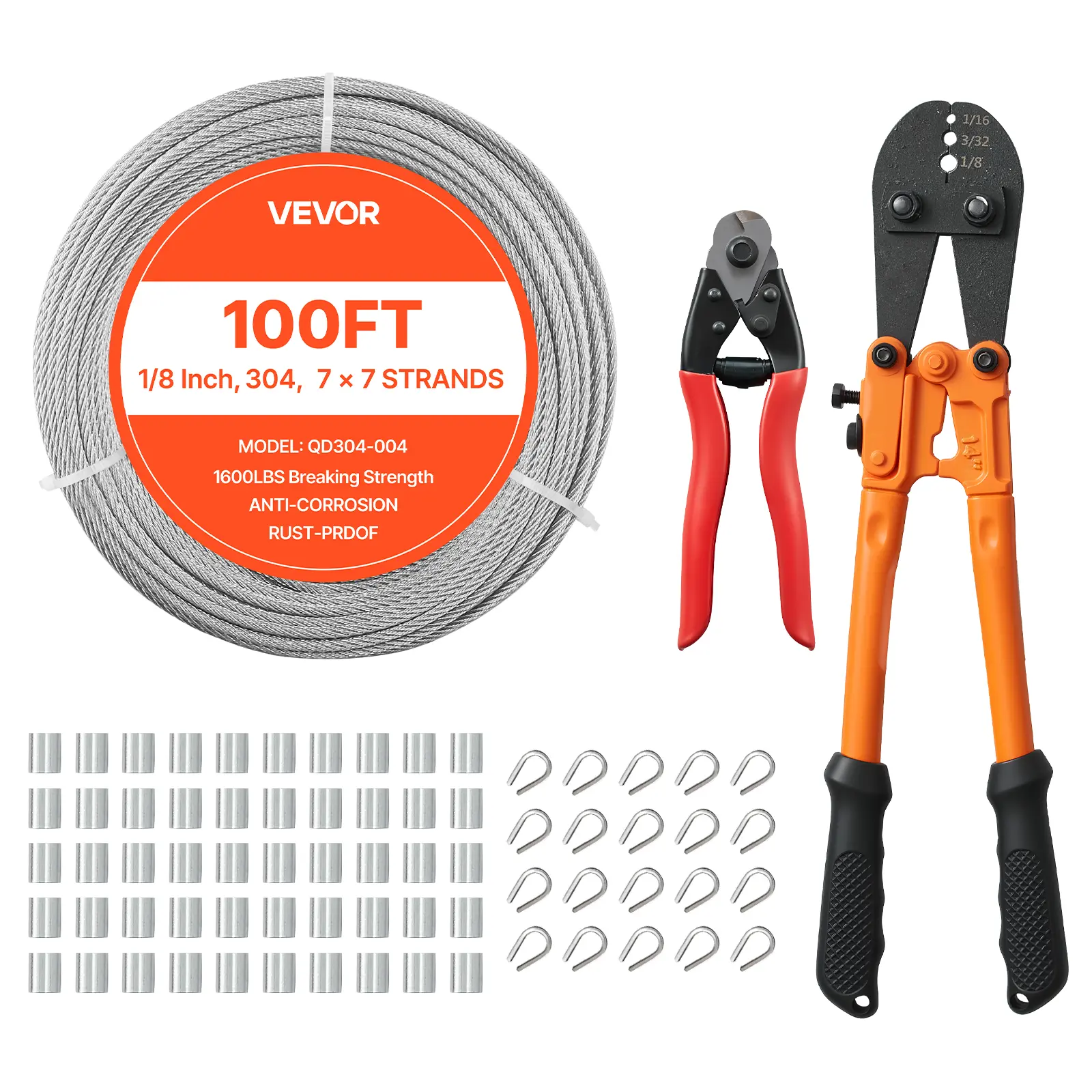 VEVOR Imperial 304 Stainless Steel Wire Rope Kit, 1/8 in 7x7 Strands 100ft Cable with Ergonomic Cable Cutter, Crimp Tool & Grips, 1600 lbs Breaking Strength, Anti-Rust for Deck Railings, Bird-Feeder Drops, Diy Tasks