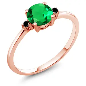 Gem Stone King 10K Rose Gold Green Nano Emerald and Black Diamond Solitaire Engagement Ring For Women (0.80 Cttw, Round 6MM, Gemstone May Birthstone)