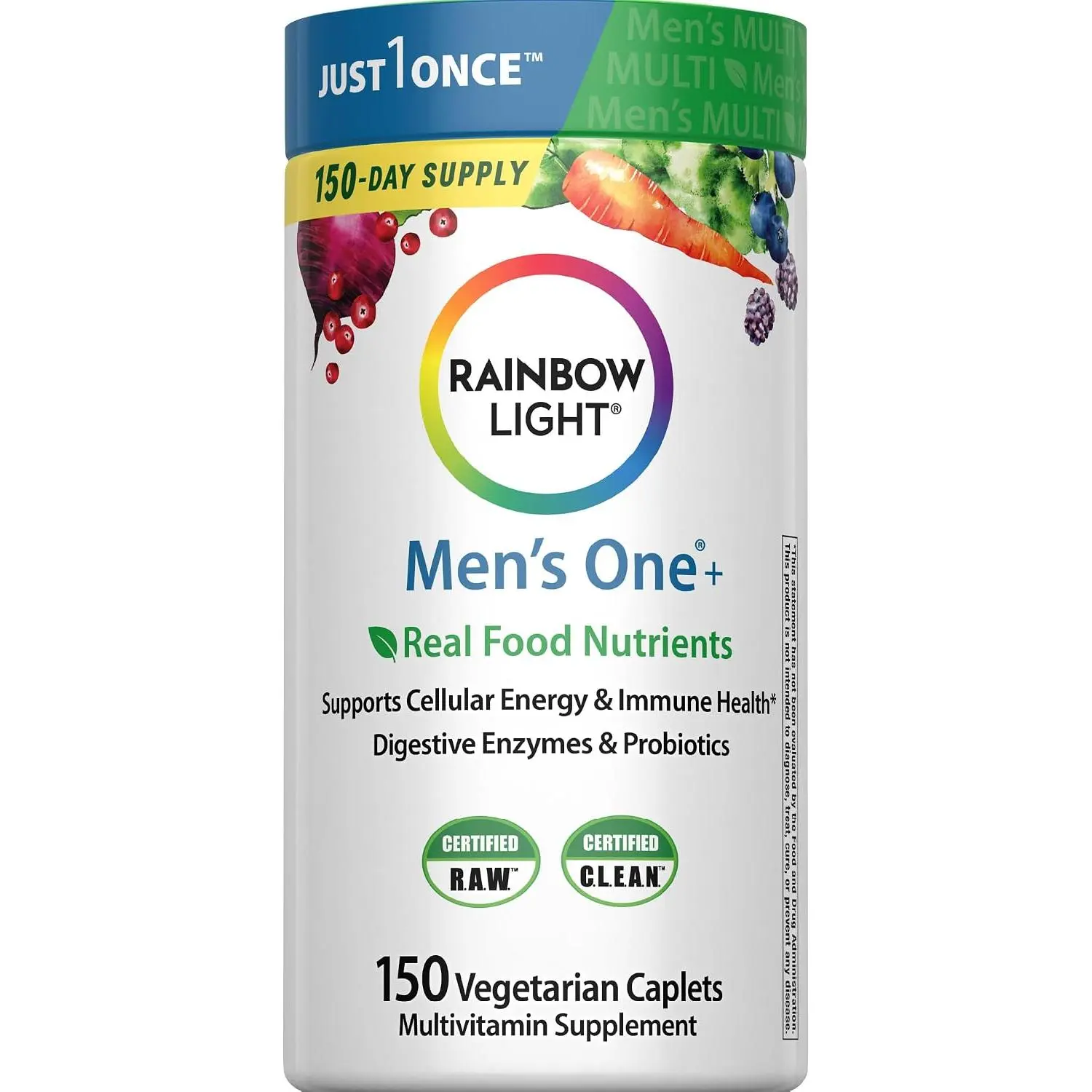 2026 New Rainbow Light Mens Multivitamin One + | 150 Caplets | Supports Cellular Energy & Immune Health | with Vitamins C, D, and Zinc | Real Food Nutrients, Digestive Enzymes & Probiotics