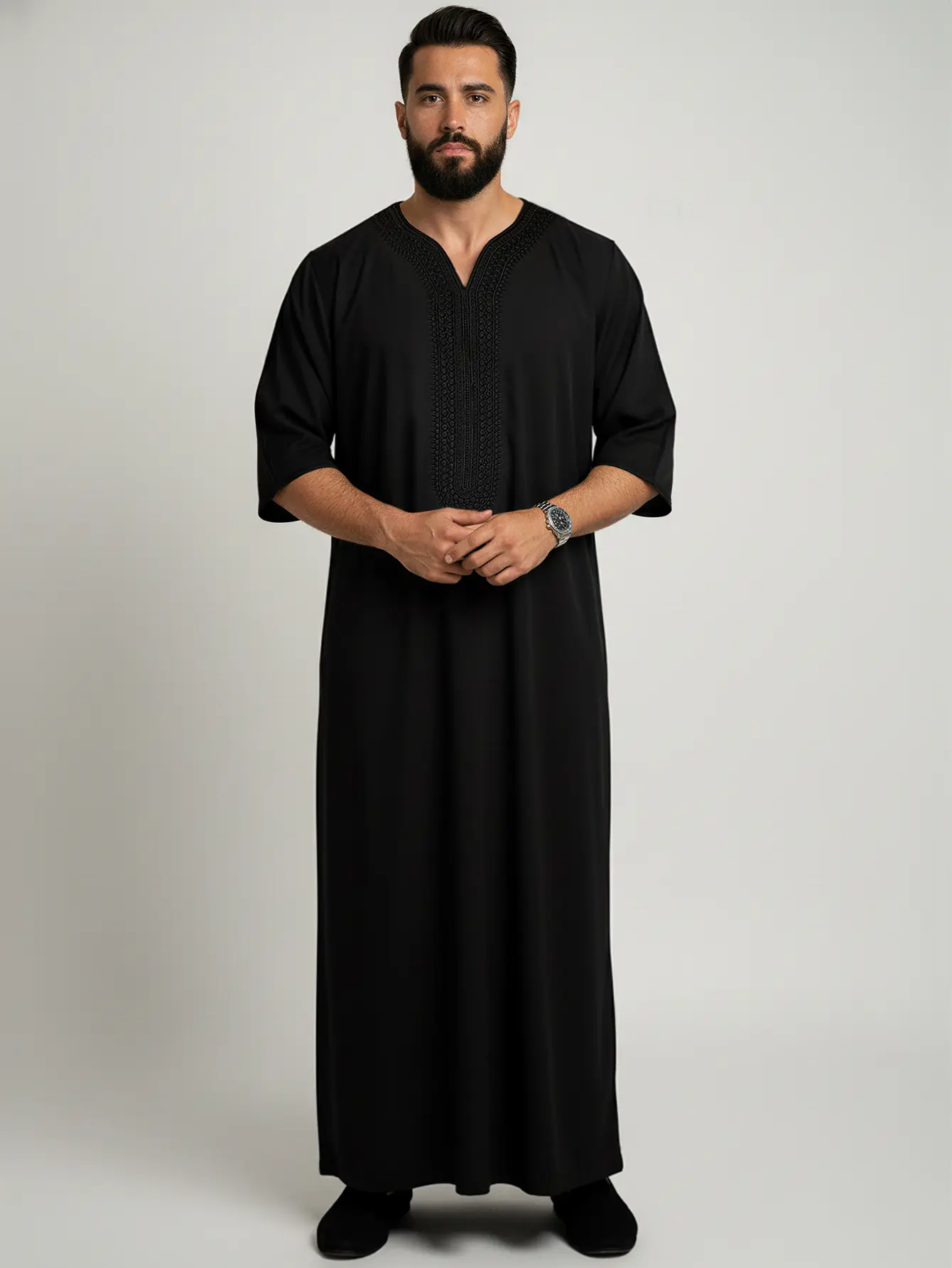 Men's Moroccan Thobe, Casual Embroidery Kaftan with Pocket, Traditional Muslim Robe for Eid & Everyday Wear Rich Black Color