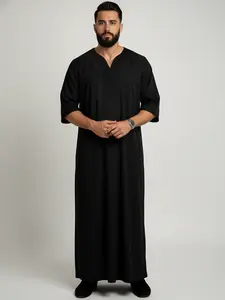 Men's Moroccan Thobe, Casual Embroidery Kaftan with Pocket, Traditional Muslim Robe for Eid & Everyday Wear Rich Black Color