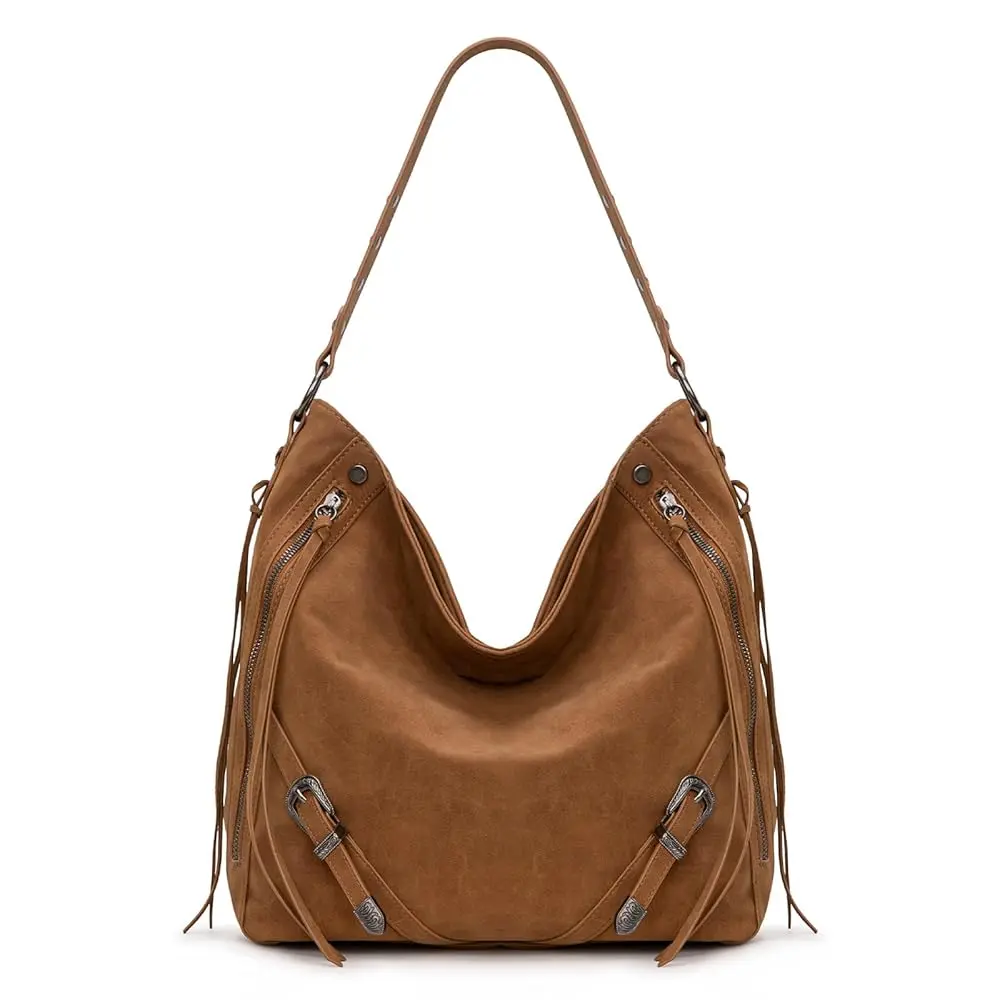 Wrangler Large Hobo Purses and Handbags for Women with Buckle and Fringe Zipper Faux Suede Shoulder Bag