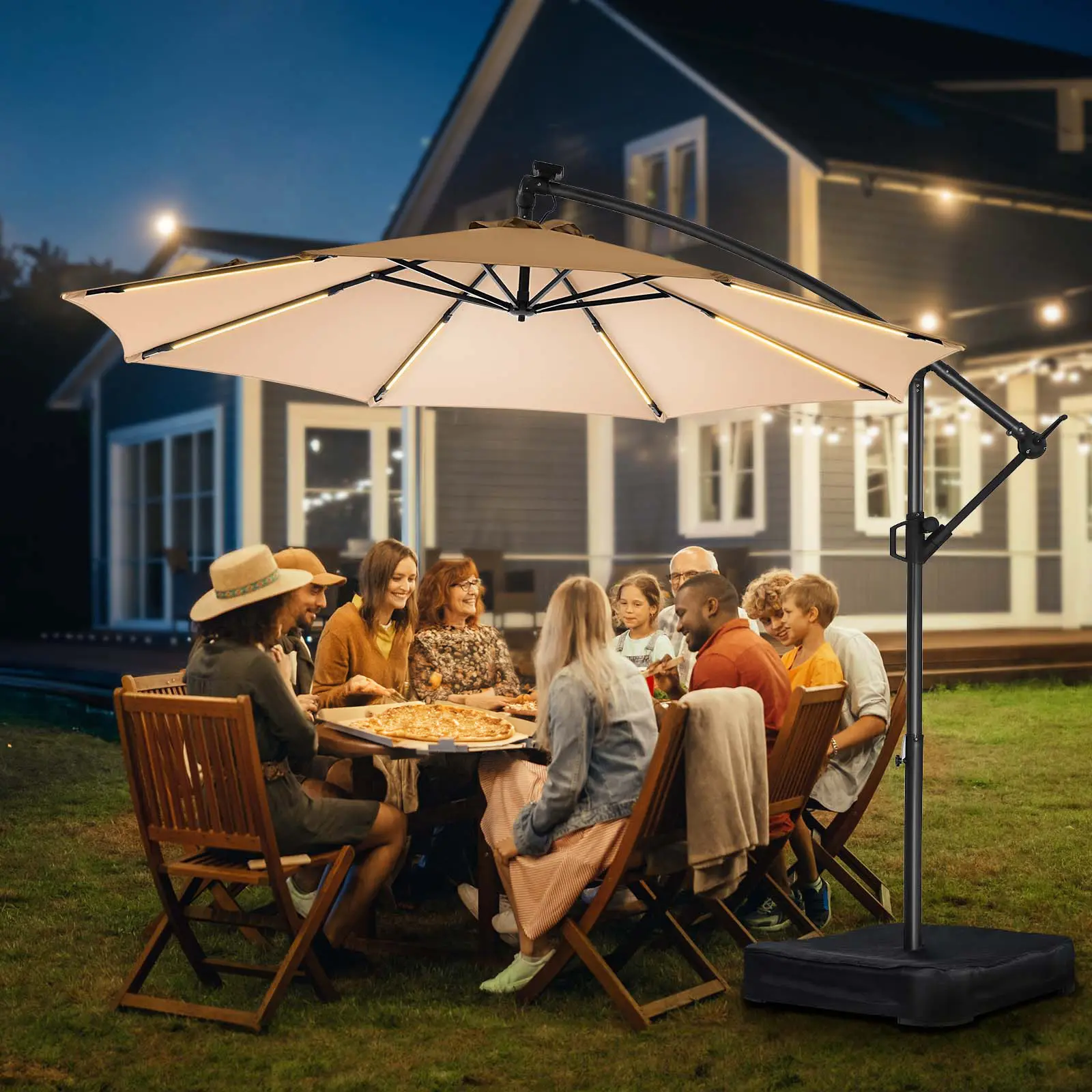 【Summer Vibes】10ft Sturdy Steel Alloy Cantilever Solar LED Offset Hanging Patio Umbrella - Adjustable Tilt Canopy, Sun Parasol Umbrella, UPF50+ Sun Protection, Easy Tilt & Crank, with LED Light & Base, Sunshade