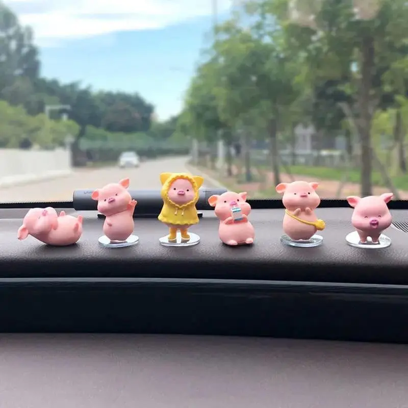 6-Pieces Colorfast Resin Piggy Figures - Car Interior Ornaments with Balloon, Car Desktop Decor, Cute Cake Topper for Bedrooms, Automotive Dashboard Accessories
