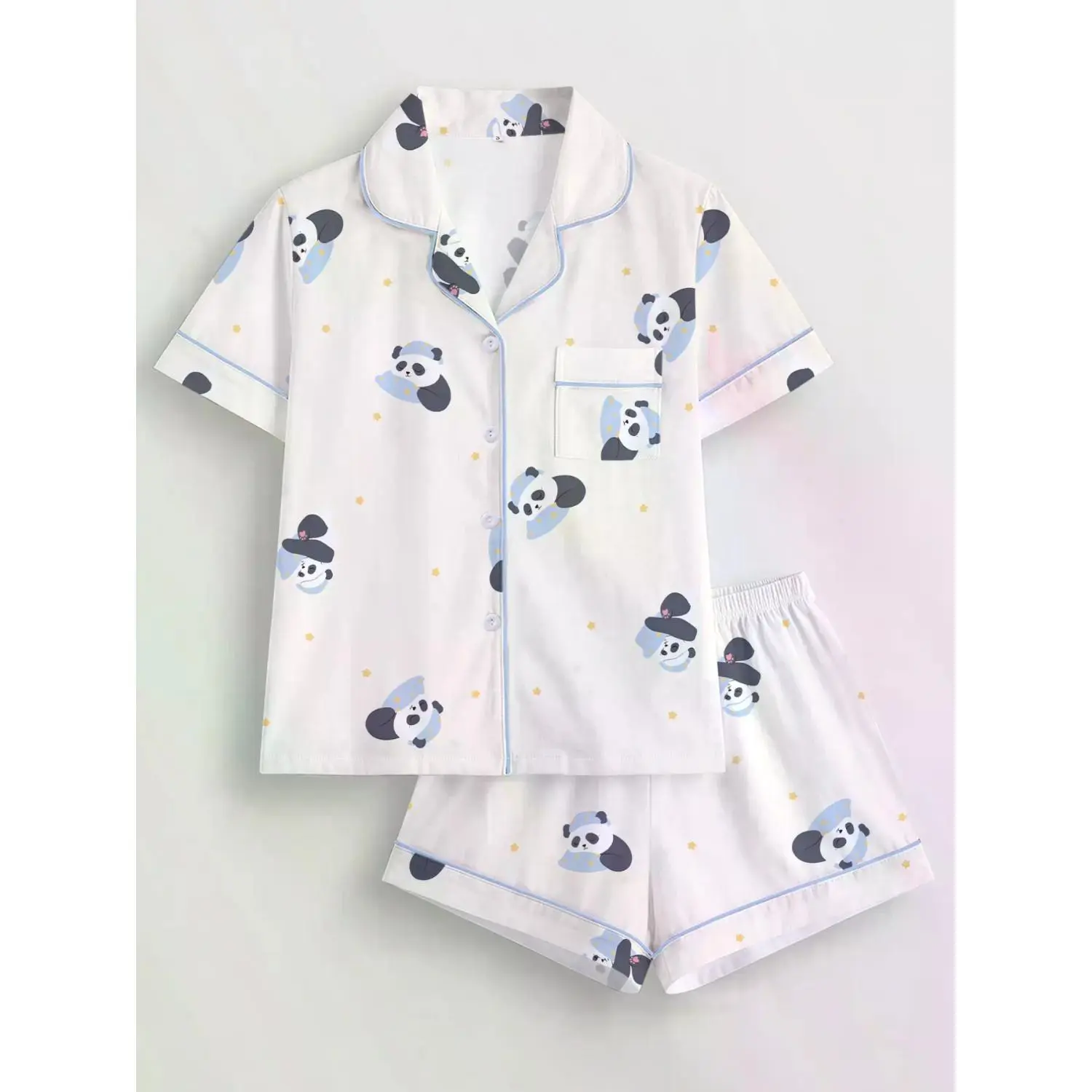 Women's Panda Print Pajama Set, Short Sleeve Button-Front Top & Elastic Waist Shorts, Cozy Home Loungewear, Relaxed-Fit Sleepwear for Every Season