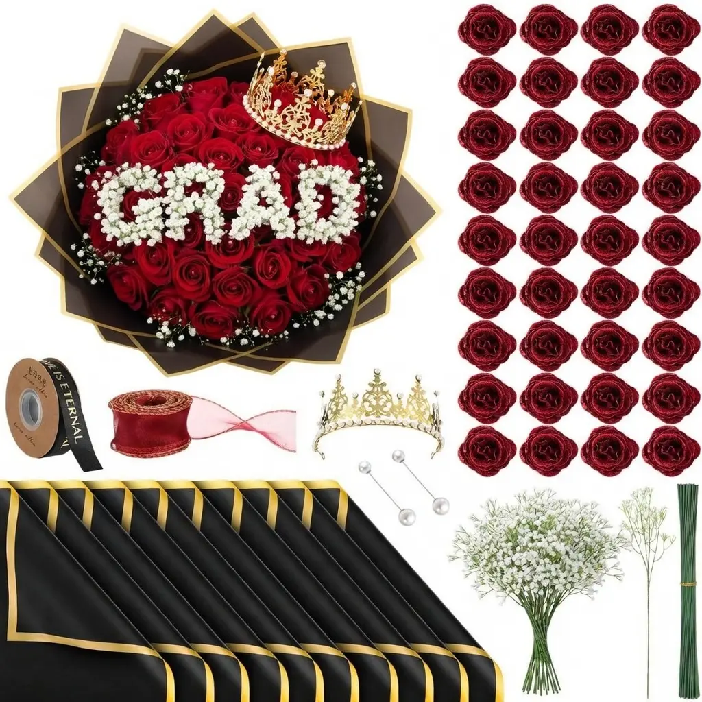 DIY Glitter Pearl Decorative Bouquet Kit, Artificial Roses with Wrapping Paper, Baby's Breath, 3D Butterflies & Crowns, Bouquet Flowers for Graduation, Party & Floral Decor (for Graduate Daughter)