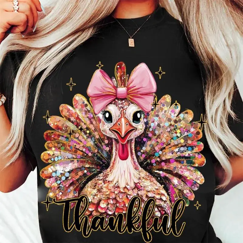 Men's Unisex Relaxed Fit Turkey Print Cotton T-Shirt - USA Made, Colorful Coquette Design, Pink Bow, Fall Trending, Thanksgiving, Crew Neck, Casual Comfortable Menswear Top, All Seasons, Short Sleeve, Normal Type, Machine Washable (Unisex Sizes)