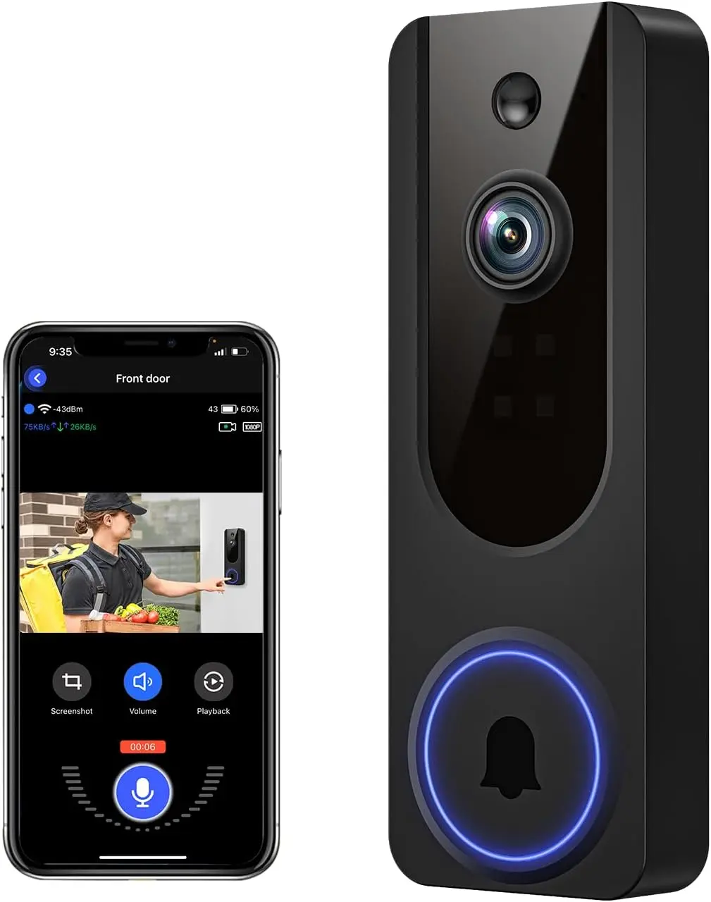 Rectangular Dual-Use Wireless Wi-Fi Doorbell Camera with Indoor Chime, HD Video, Motion Detection, Night Vision, and Rechargeable Battery