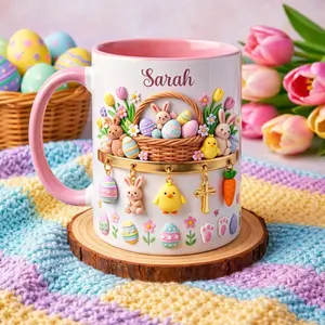 Personalized Easter Bunny Mug with Name, Custom Spring Basket Illustration Cup, Cute Pastel Rabbit & Chick Design, Christian Easter Gift