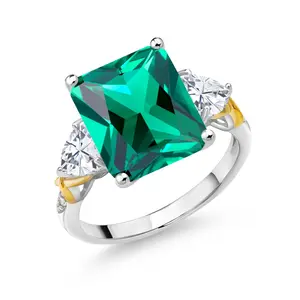 6.44 Cttw Green Nano Emerald Moissanite and Diamond 3-Stone Ring For Women | 925 Silver and 10K Yellow Gold | Gemstone Birthstone | Emerald Cut 12X10MM | Size 5, 6, 7, 8, 9
