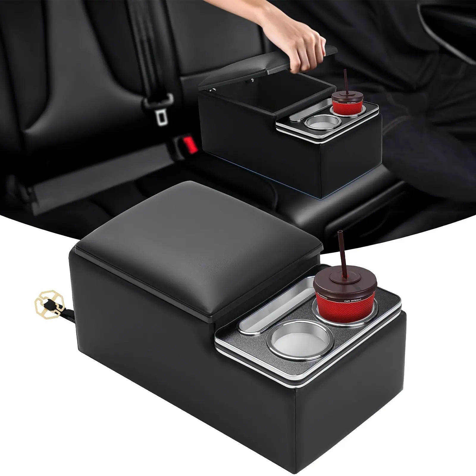 Upgraded Universal Wooden Bench Seat Center Console, Black Nappa Leather Car Back Bench Seat Armrest Storage Box Organizer, Large Cup Holder & Phone Holder Central Console for Truck, SUV & Van with Optional Charging Add-on, Backseat Car Organizer,toolupgr