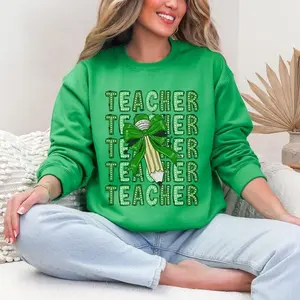 St. Patrick’s Day Teacher Sweatshirt/Hoodie/T-Shirt, Lucky Clover Bow Pencil “Teacher Teacher” Graphic, Irish Green Classroom Outfit, Gift for Teachers, For Women and Men