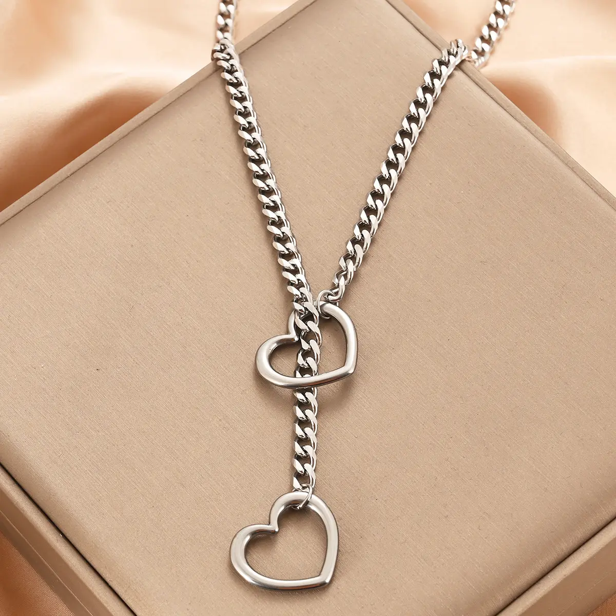 Heart Slip Chain Necklaces for Women,Stainless Steel O-Ring Adjustable Lariat Y-Necklace,Punk Gothic Cuban Collar Choker Necklace for women