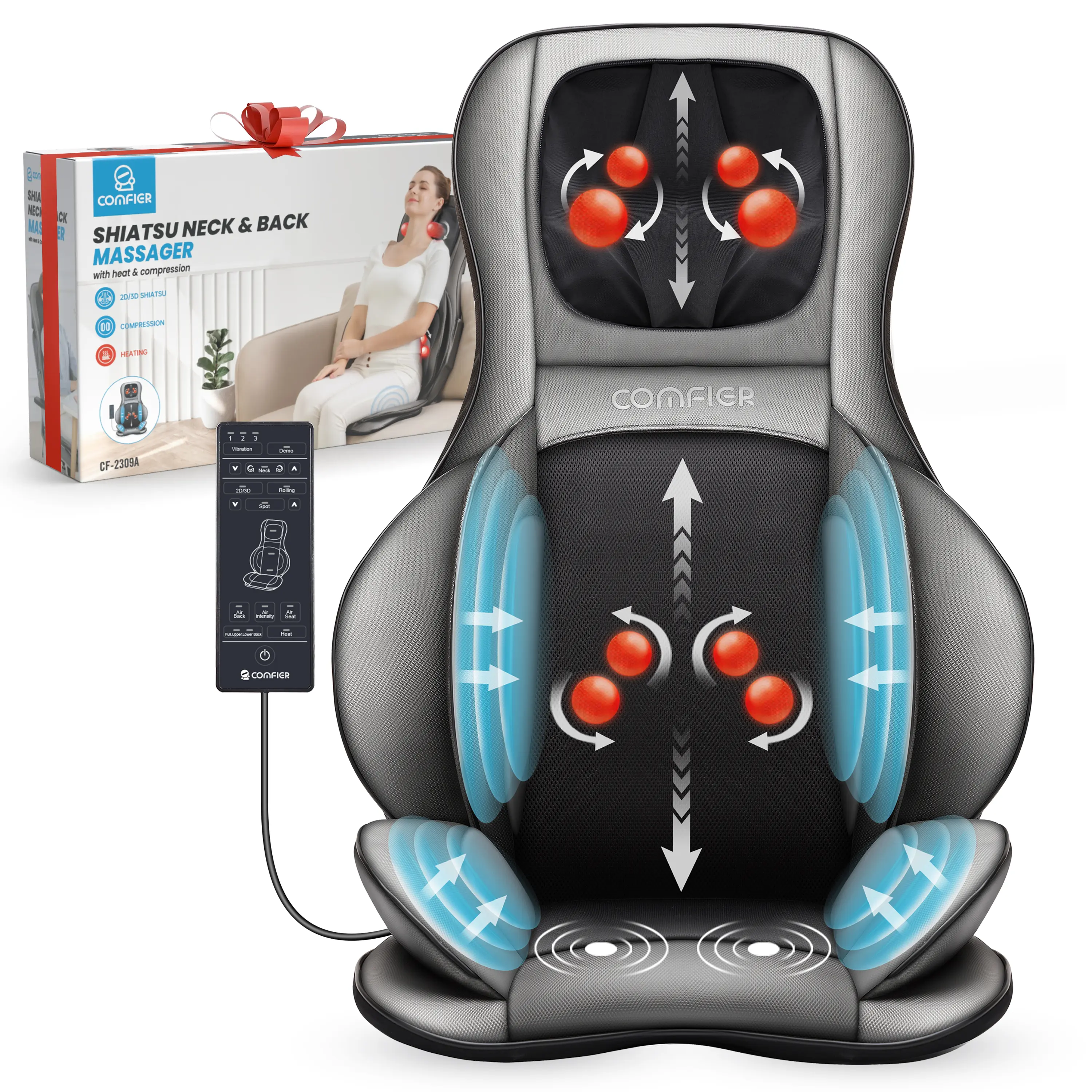 COMFIER Neck and Back Massager - Air Compression, Shiatsu, 2D-3D Adjustable Kneading, Heated Multi-Target Device for Shoulder Pain Relief, Body Relaxation Selfcare, Mens Gifts for Him Dad Gift, Massagers For Body, Valentine's Day Gift