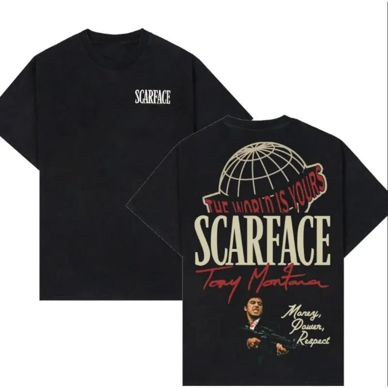 Scarface Two Sides Graphic Tee - The World is Yours Design with Tony Montana Iconic Image Perfect for Movie Fans and Streetwear Enthusiasts Menswear Casual Crewneck Tshirt  Y2K Streetwear Tee good  graphic  tees gifts for him