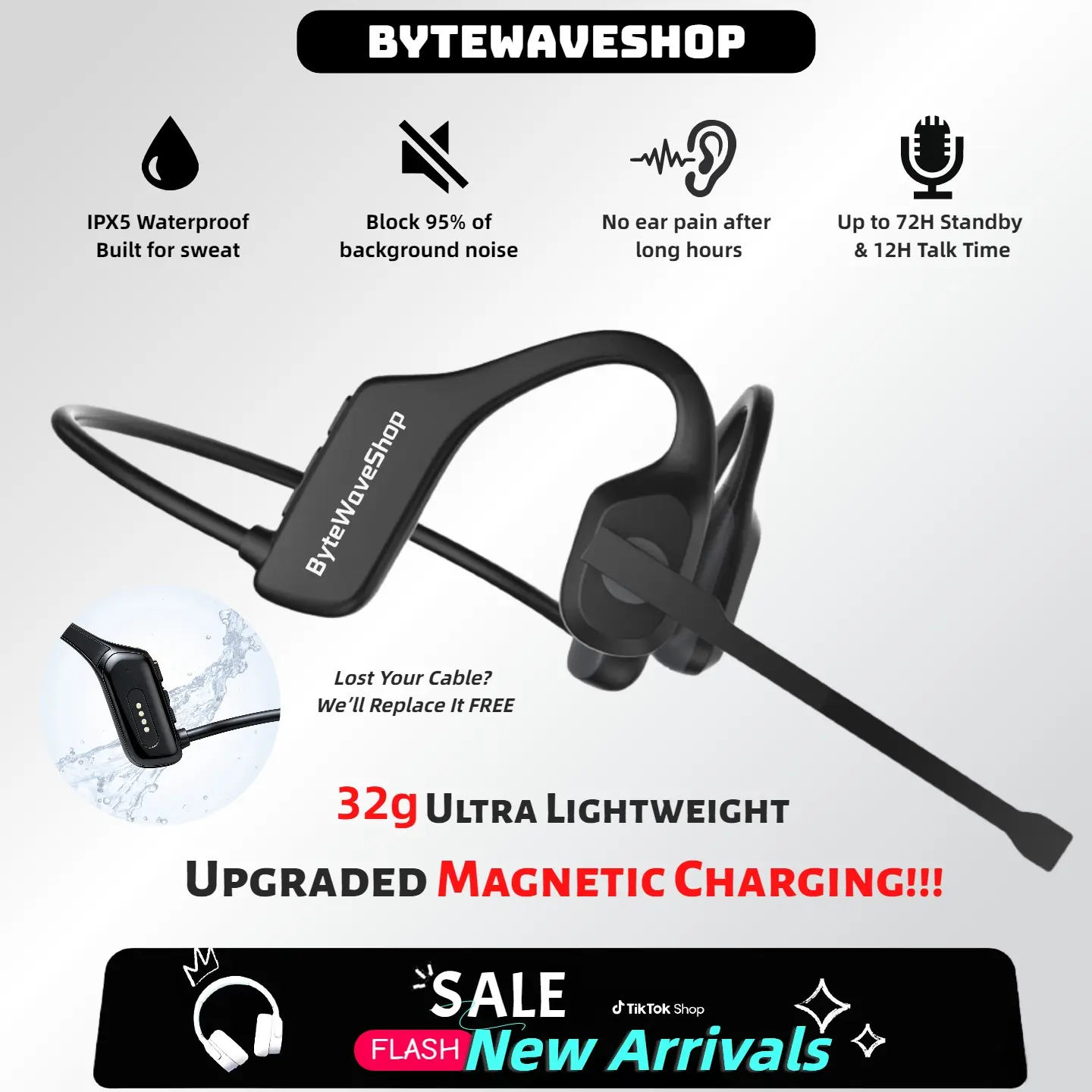ByteWave Open Ear Bluetooth Headset for Truck Drivers - Air Conduction Audio Headphones with Noise Canceling Mic, Bluetooth 5.3, IPX5 Waterproof, Battery-Powered Bluetooth Smart Wireless Headphones for Sports & Driving, Bluetooth Audio Wireless Headphones