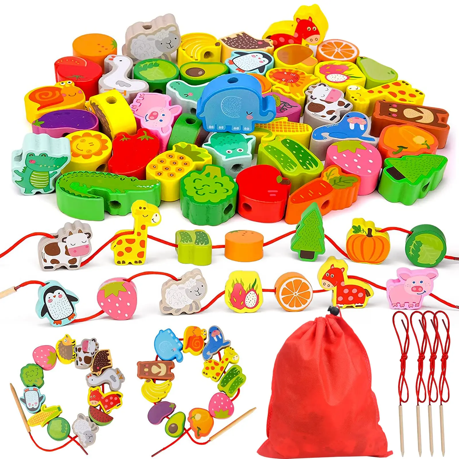 Toys for Girls Boys, Threading Toys for Animals Fruits Vegetables String Lacing Beads Wooden Montessori Educational Toys Gifts Kids