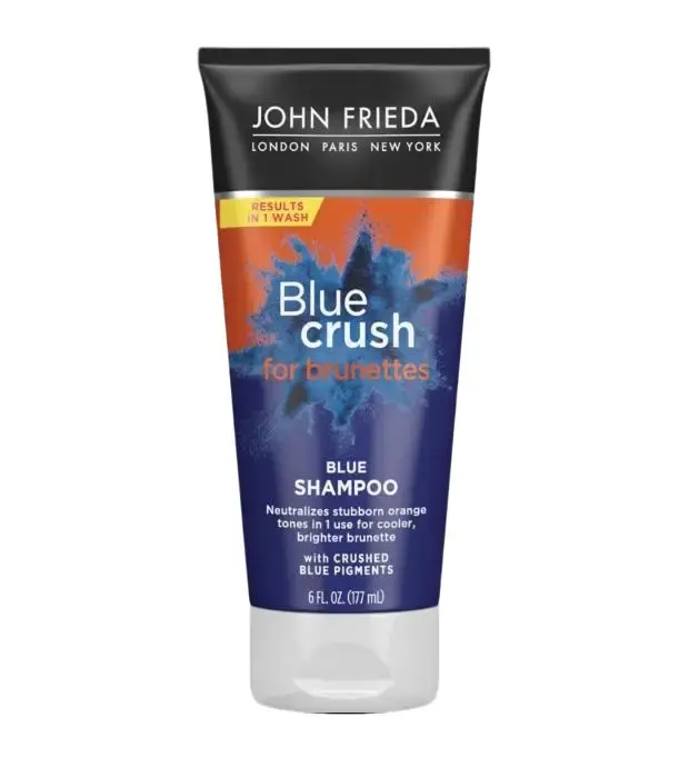 John Frieda Blue Crush Shampoo with Intense Blue Pigments, Reduces Brassy Tones for Cooler, Brighter Brunette Hair, Gentle Haircare, 6 fl oz, Any, Peroxide-Free