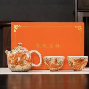 [Imperial Court Porcelain · Dragon & Phoenix Auspicious] Cloisonné Enamel Ceramic Tea Set, Gilded Dragon & Phoenix 1 Pot 2 Cups, High-Temp Underglaze Chinese Gongfu Tea Ware, Collectible Gift Box For Festival & Housewarming Gifting