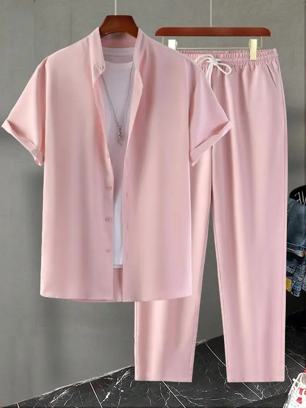 KZZ Menswear 2-Piece Set, Casual Pink Solid Short-Sleeve Button-Down Shirt & Loose Fit Lightweight Drawstring Trousers Outfit, Trouser, Shortsleeve, Clothes