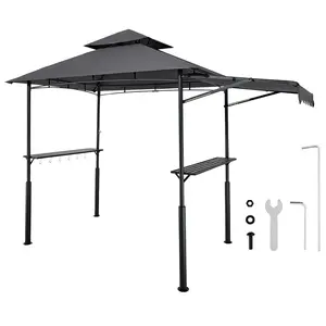 VEVOR Grill Gazebo, 8 x 5 ft Double-Tiered Top, BBQ Gazebo with Extra Awning, Powder-Coated Steel Patio Grill Shelter with 2 Side Shelves, Bottle Opener & Hooks, Outdoor Grilling Canopy for Garden