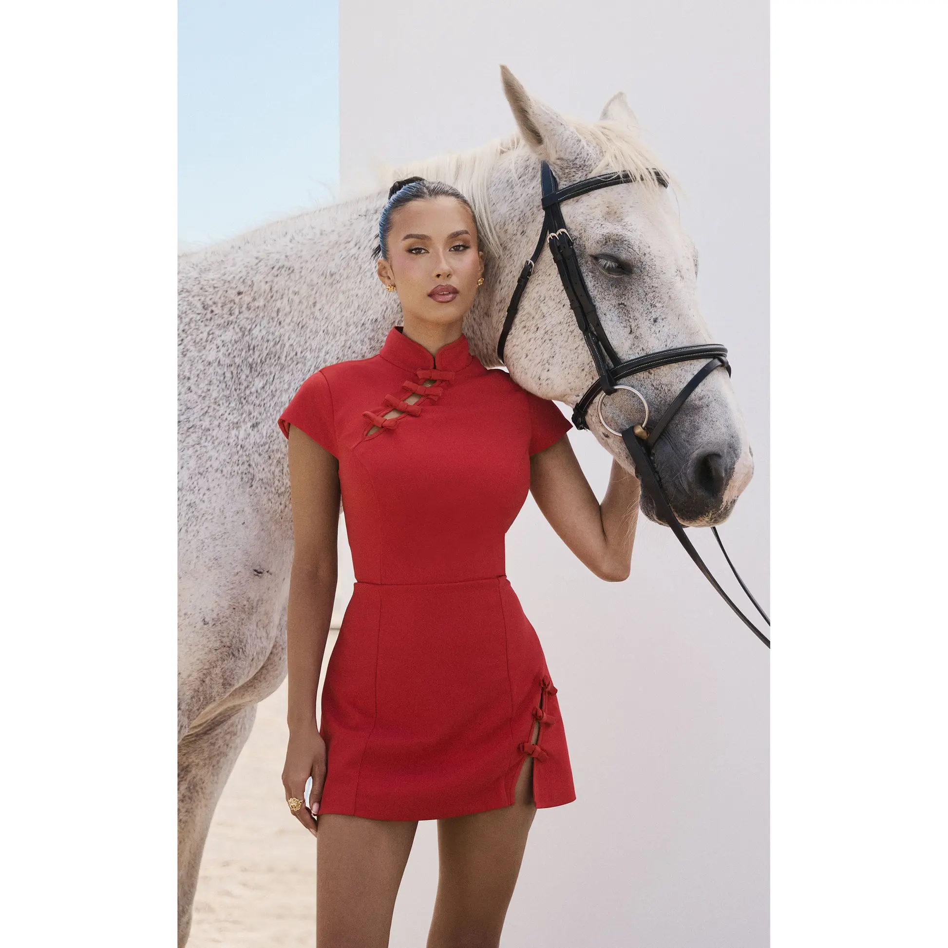 Nadia Mini Dress - Cap Sleeve Mandarin Collar Fitted Dress in Red with Red Trim