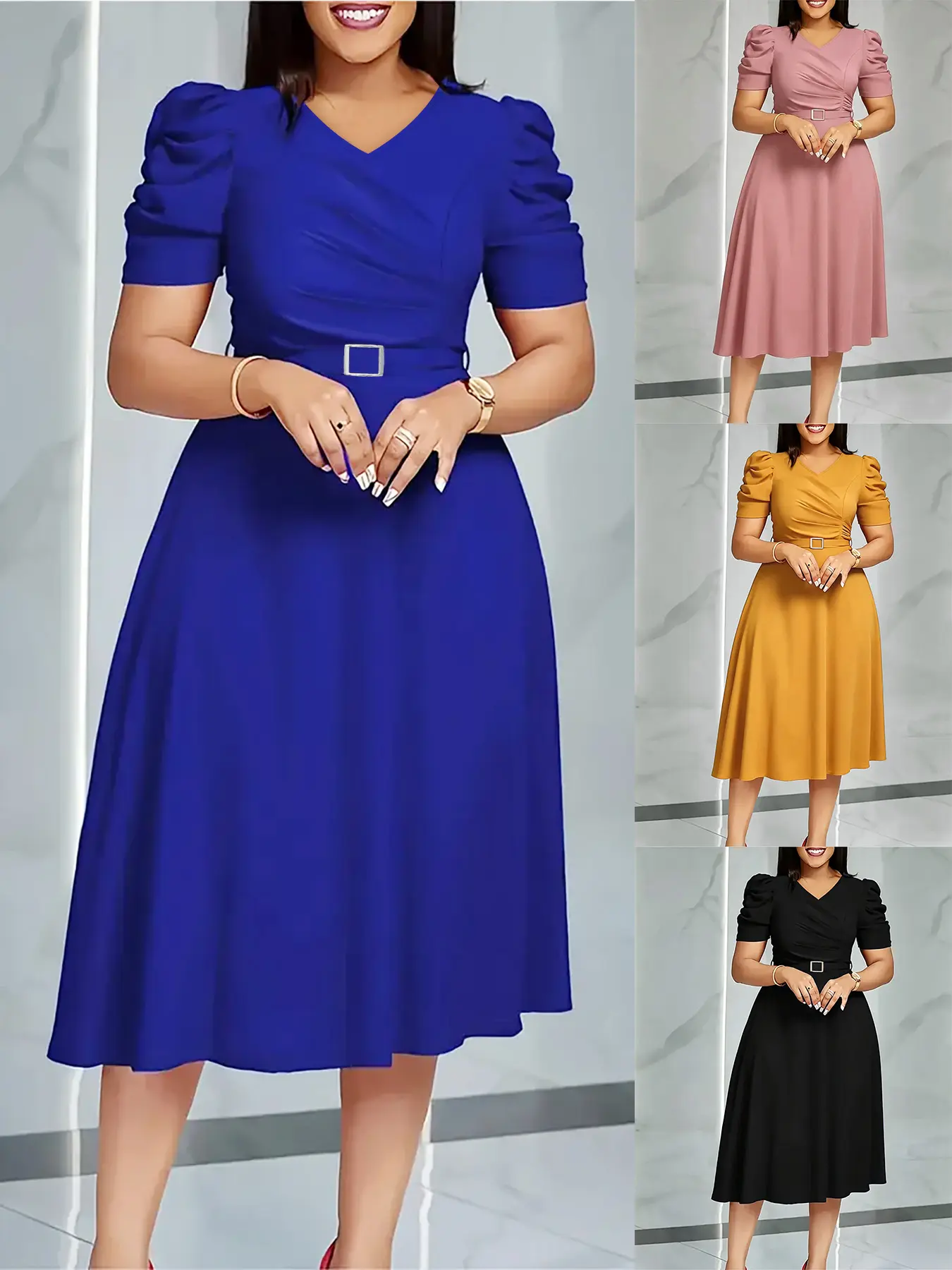 Elegant Solid Blue Midi Dress for Women with Short Puff Sleeves and a Cinched Waist for Chic Professional Workwear, Elegant Dresses For Women, S, Shortsleeve, Elegant Formal Style