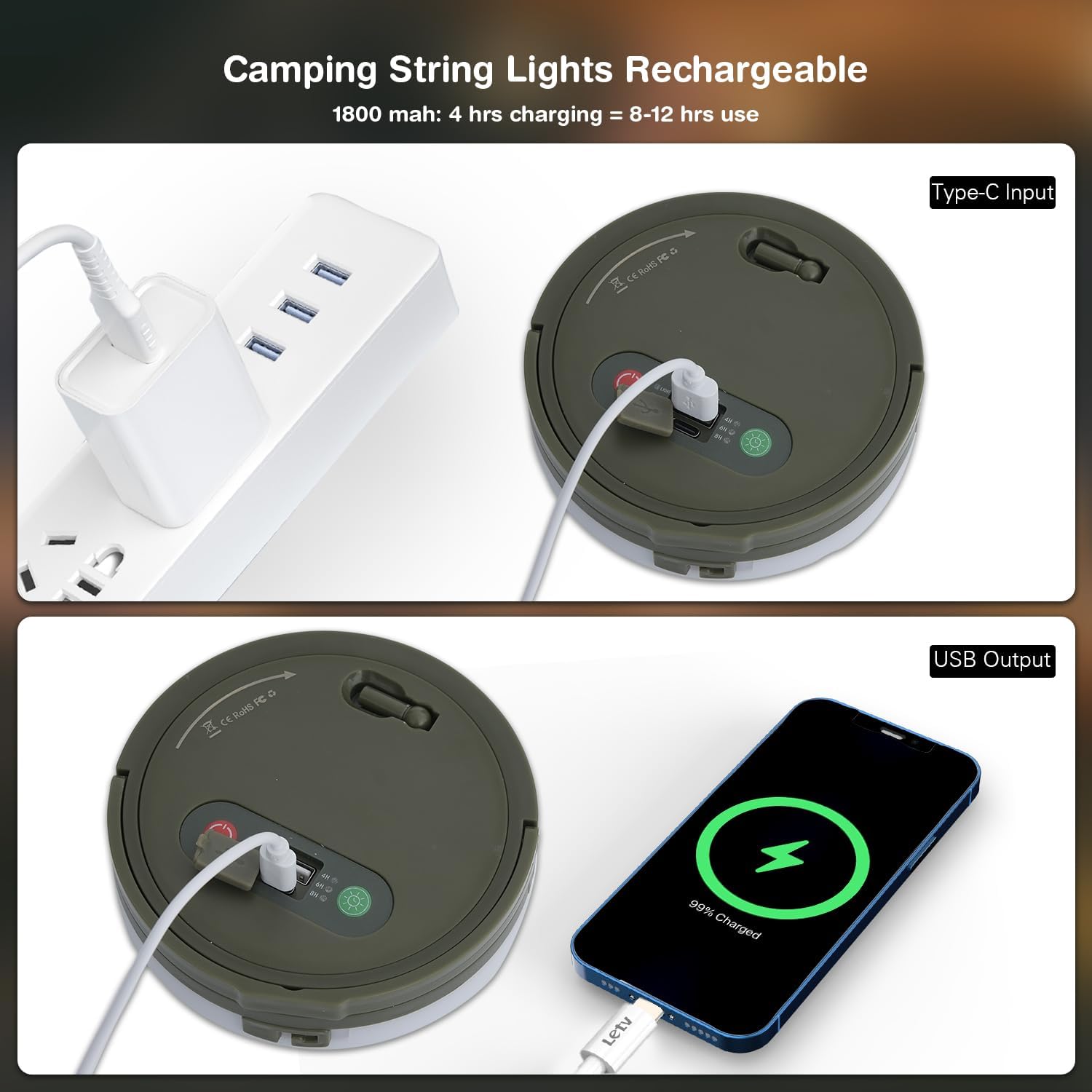 Solar Camping String Lights, 33FT Waterproof Camping Lights with 3 Lighting Modes, 4 in 1 Rechargeable Outdoor Camp lamp With Timer 4/6/8h , Portable Tent Lantern for Hiking, Yard, Party Decor