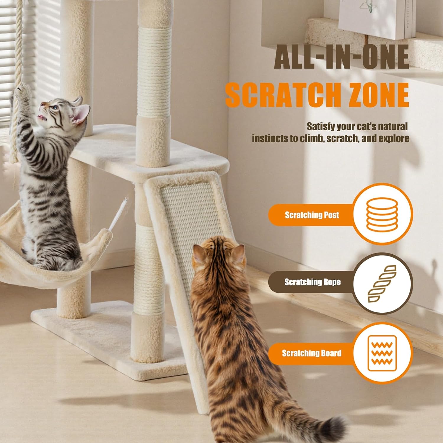 63 Inch Cat Climbing Tower, Multi-Level Cat Tree with Condo, Hammock, Extended Platform & Natural Sisal Scratching Posts, Indoor Play House for Cats and Kittens