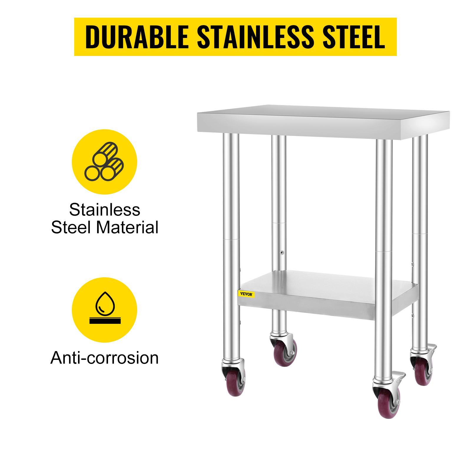 VEVOR Stainless Steel Work Table 3-Stage Adjustable Shelf with 4 Wheels Heavy Duty Commercial Food Prep Worktable with Brake for Kitchen Prep Work,Stainless Steel Work Table