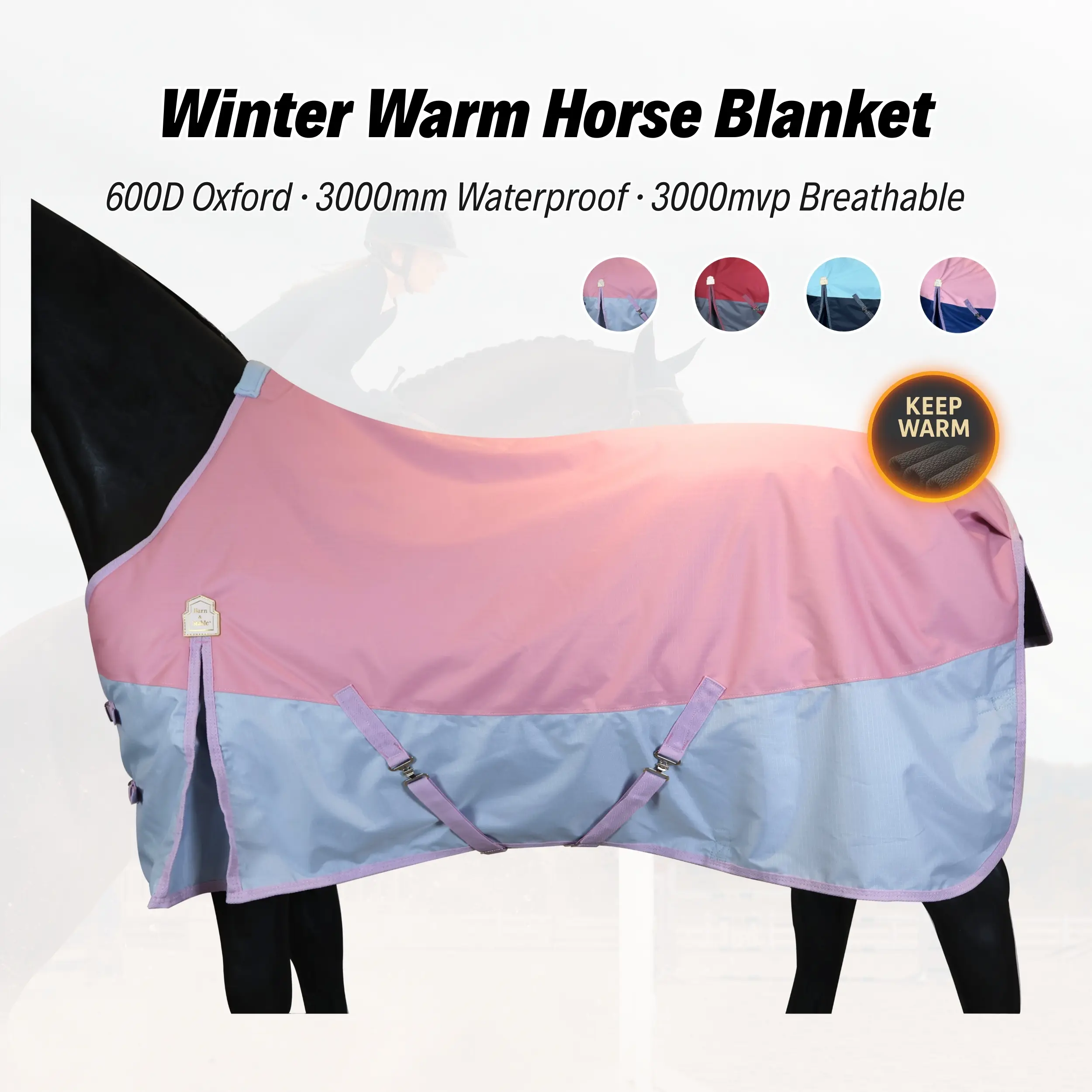 BARN & STABLE 600Denier 3000mm/3000mvp Super Waterproof & Breathable Horse Blankets for Winter with 200g Fill