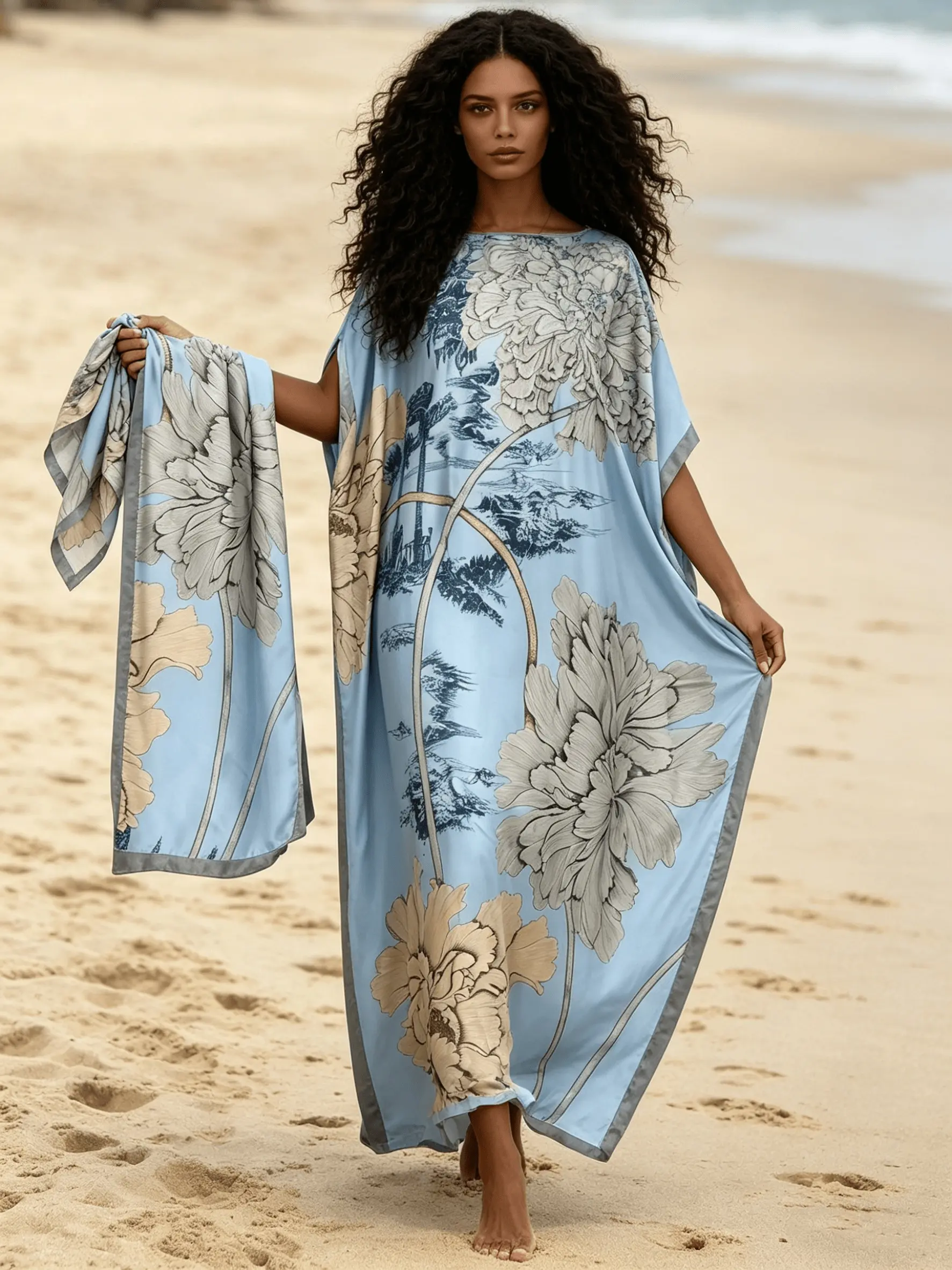 Women's Bohemian Kofta Dress Set, Casual Long Robe with Scarf, All-Over Print, Loose Fit, Perfect for Parties & Vacations