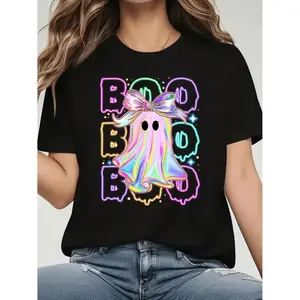 Plus Size Black T-Shirt Featuring Neon Glow-in-the-Dark Ghost Bow Design Ideal for Halloween Gatherings and Thanksgiving Celebrations Casual Short Sleeve Crew Neck Style