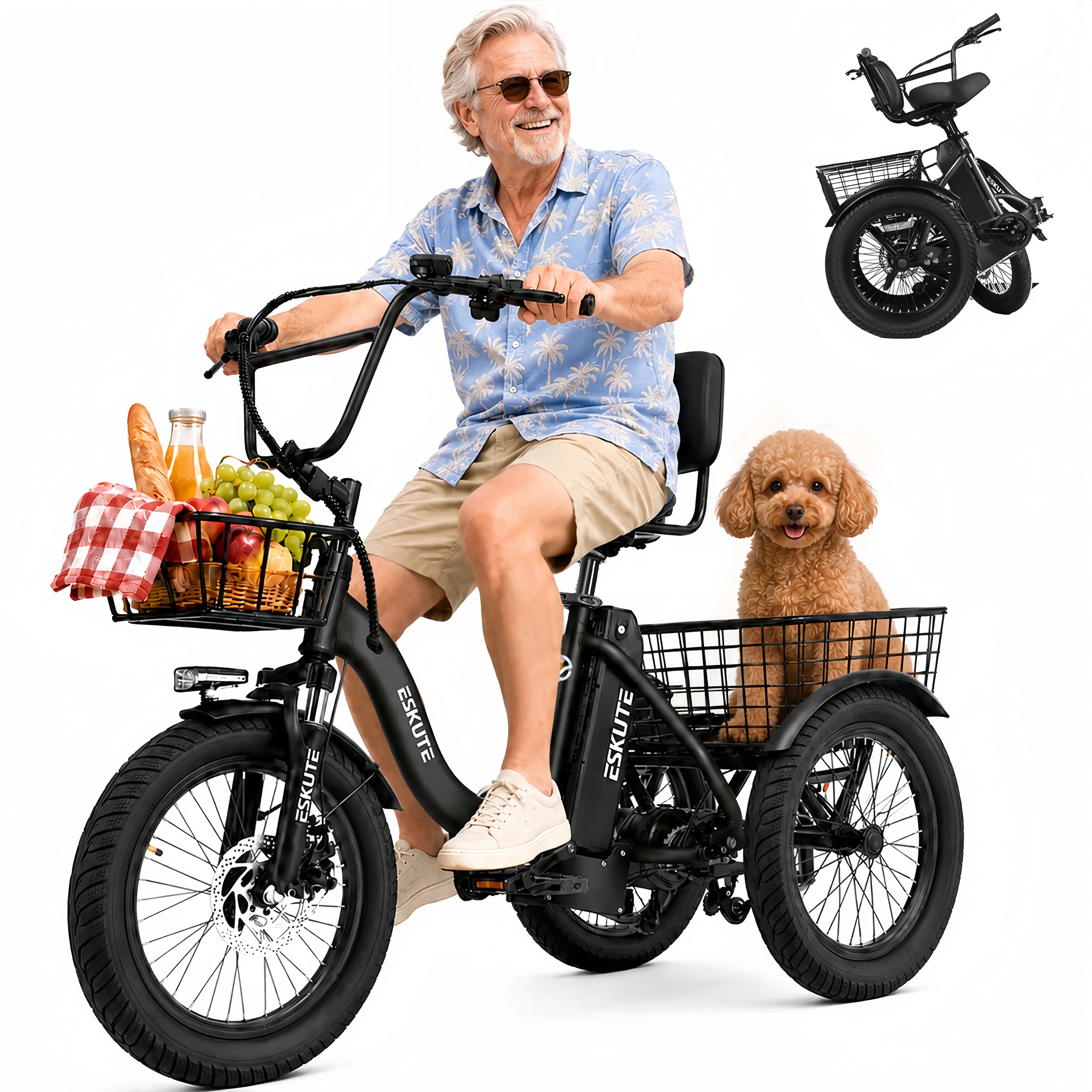[ESKUTE T300] Folding Electric Trike | 1200W Peak | 624Wh Battery | 18x3.0 Fat Tire | Up to 55 Mi | Step-Thru 3 Wheel | Gift for Parents | Labor Day | Triciclo Eléctrico para Adultos