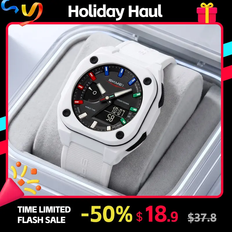 SKMEI Men's Sport Square Analog-Digital Watch - 30M - 50M Waterproof, Chronograph, Luminous Light, Multiple Time Zones, Alarm, TPU Strap, Casual Trendy Stylish Outdoor Wristwatch, Analog Watches, Men's Fashion Accessory, Gift for Guys