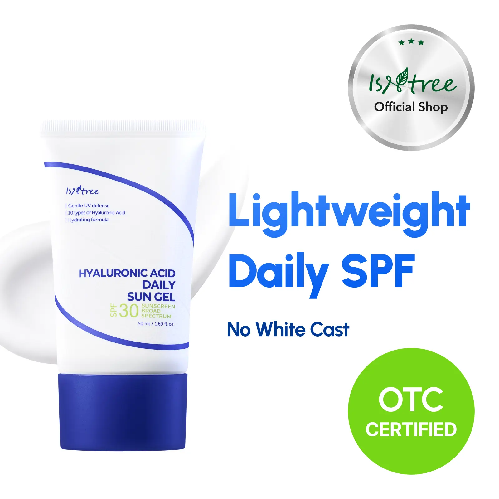 [isntree Official Shop] Hyaluronic Acid Daily Sun Gel 1.69 fl.oz / 50ml - Moisturizing sunscreen SPF 30 with no white cast, lightweight daily UV care, Korean Skincare
