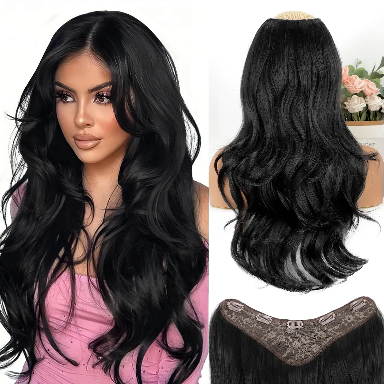 [Iridescent] Clip in Hair Extensions Synthetic Hair Extensions Long Layered Wavy Hairpieces Soft Clip Ins Full Head Hairpieces for Women