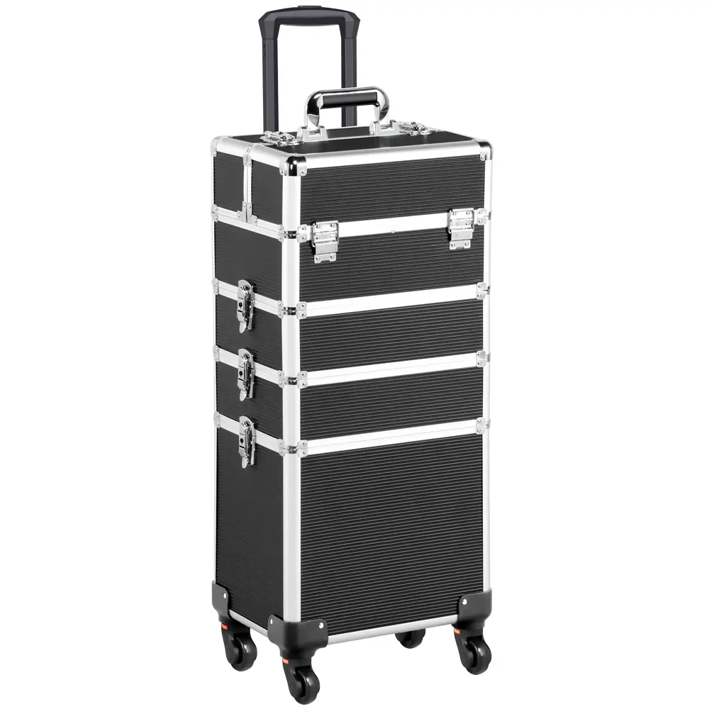 Costoffs Professional Makeup Train Case, 4-Tier Aluminum Rolling Cosmetic Trolley, Large Portable Vanity Storage Organizer with Lockable Latches for Travel, Makeup Containers, Travel Cosmetic Bags, Storage Organization, Four-Tier Layout