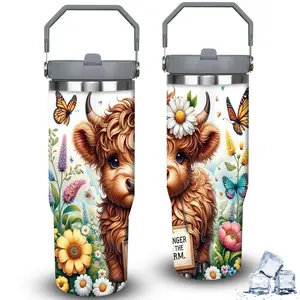 1pc 30oz Adorable Highland Cow with Flowers and Butterflies Tumbler with Lid, Insulated Travel Mug, Gift for Women Men, Ideal for Halloween, Independence Day, Memorial Birthday Gift, Coffee Cup, weird stuff
